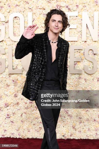 Timothée Chalamet at the 81st Golden Globe Awards held at the Beverly Hilton Hotel on January 7, 2024 in Beverly Hills, California.