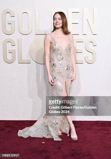 Emma Stone at the 81st Golden Globe Awards held at the Beverly Hilton Hotel on January 7, 2024 in Beverly Hills, California.