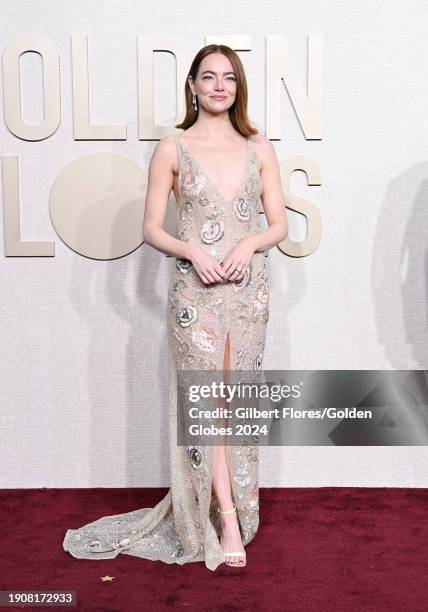 Emma Stone at the 81st Golden Globe Awards held at the Beverly Hilton Hotel on January 7, 2024 in Beverly Hills, California.