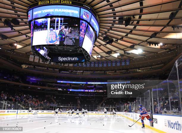 Brennan Othmann of the New York Rangers takes his solo lap to start warm ups before the game against the Chicago Blackhawks at Madison Square Garden...