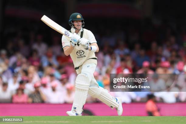 Steve Smith of Australia bats on Jane McGrath Day during day three of the Men's Third Test Match in the series between Australia and Pakistan at...