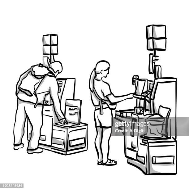 self-checkout times two - self checkout line stock illustrations