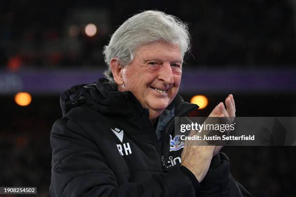 Roy Hodgson, Manager of Crystal Palace, claps the fans prior to the Emirates FA Cup Third Round match between Crystal Palace and Everton at Selhurst...