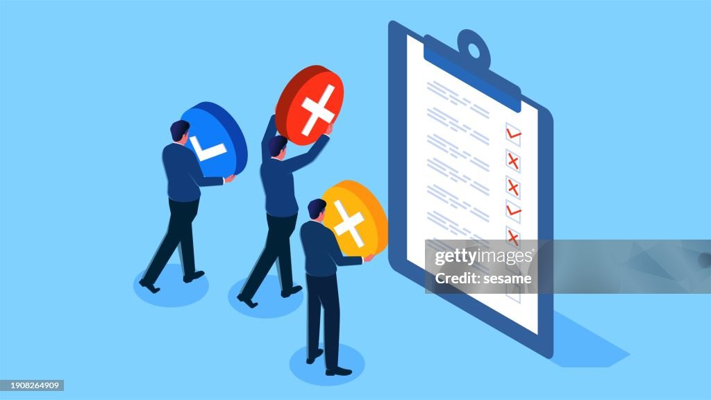 Completion of task lists, checklist list job checking, project progress process, questionnaire or project evaluation, isometric traders complete check marking jobs on check boxes of list lists on clipboards