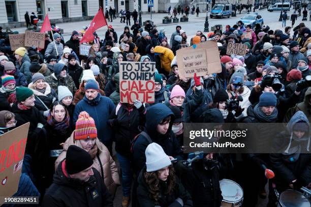 People take part in a pro abortion rally in Warsaw, Poland, on Janaury 7, 2024.