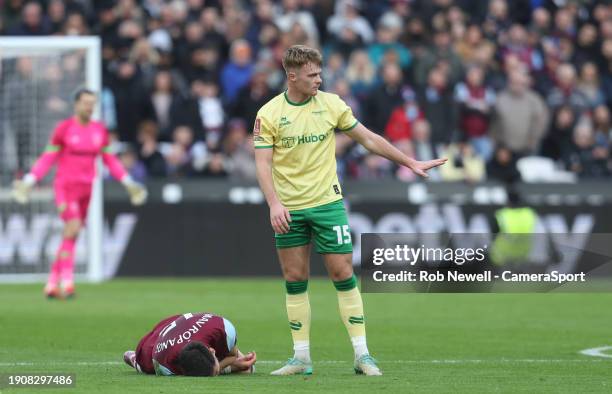 Bristol City's Tommy Conway after injuring West Ham United's Konstantinos Mavropanos during the Emirates FA Cup Third Round match between West Ham...