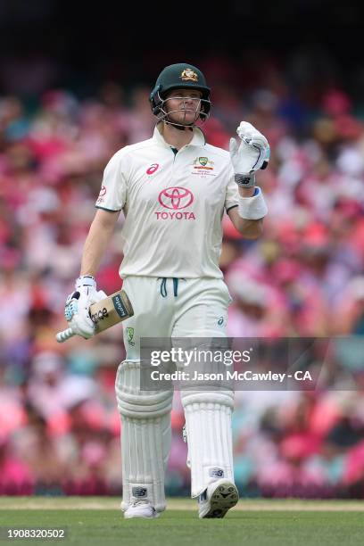 Steve Smith of Australia looks dejected after being dismissed by Mir Hamza of Pakistan during day three of the Men's Third Test Match in the series...