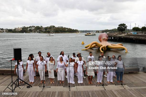 Traditional Māori song is performed by Te Aranganui choir during the opening day press call for Sydney Festival 2024 on January 05, 2024 in Sydney,...