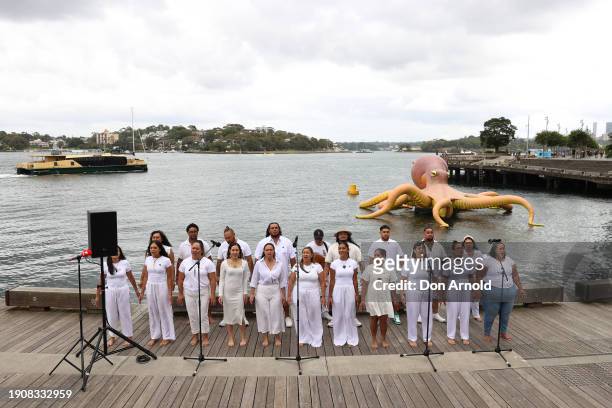 Traditional Māori song is performed by Te Aranganui choir during the opening day press call for Sydney Festival 2024 on January 05, 2024 in Sydney,...