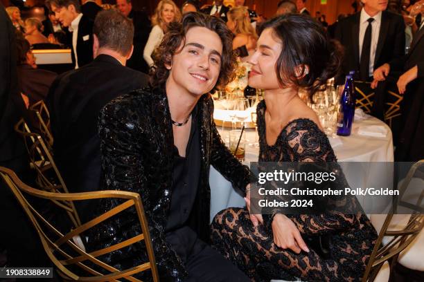 Timothée Chalamet and Kylie Jenner at the 81st Golden Globe Awards held at the Beverly Hilton Hotel on January 7, 2024 in Beverly Hills, California.