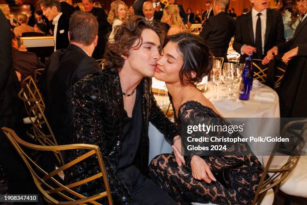 Timothée Chalamet and Kylie Jenner at the 81st Golden Globe Awards held at the Beverly Hilton Hotel on January 7, 2024 in Beverly Hills, California.