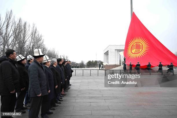 The new flag of Kyrgyzstan is raised with a ceremony at the Ala-Too Square in Bishkek, Kyrgyzstan on January 08, 2024. Chairman of the Cabinet of...