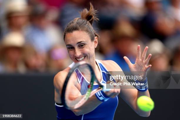 Petra Martic of Croatia plays a forehand in her match against Emma Navarro of the USA during the 2024 Women's ASB Classic at the ASB Tennis Centre on...