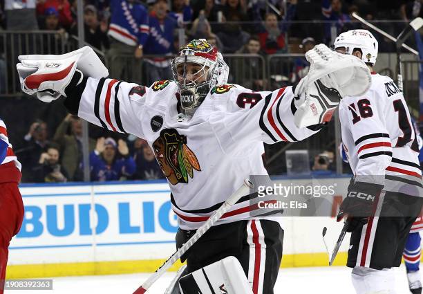 Petr Mrazek of the Chicago Blackhawks reacts after a goal was awarded to Chris Kreider of the New York Rangers during the second period at Madison...