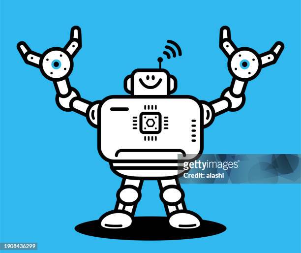 an artificial intelligence robot stands happily with hands raised in the air - robotic process automation stock illustrations