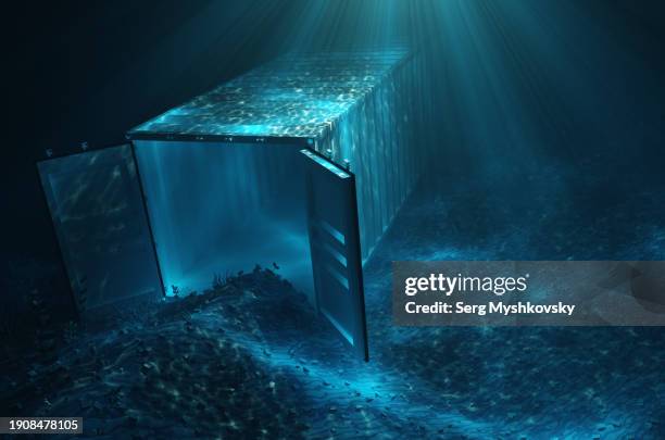 close-up of an open shipping container on the ocean floor. - fondale marino foto e immagini stock