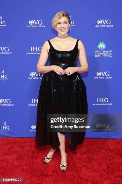 Greta Gerwig attends the 35th Annual Palm Springs International Film Awards, Sponsored by IHG Hotels & Resorts, at Palm Springs Convention Center on...