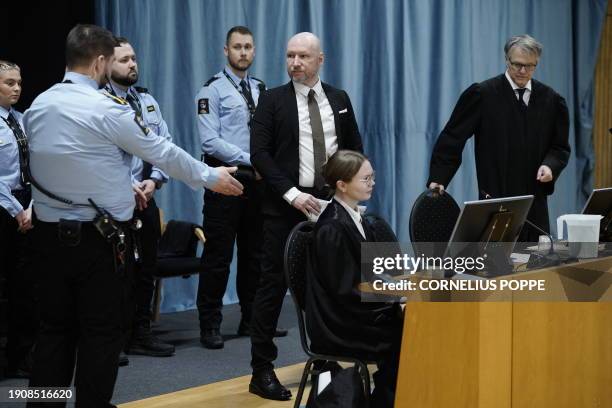 Anders Behring Breivik enters a courtroom at Ringerike prison before the start of his trial over his prison conditions, on January 8, 2024 in...