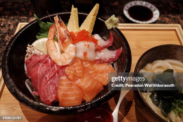 sashimi don, danburi or japanese rice bowl. - ikura stock pictures, royalty-free photos & images