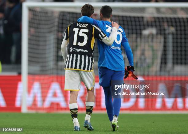 Kenan Yildiz and Mattia Perin of Juventus embrace following the final whistle of the Coppa Italia match between Juventus FC and US Salernitana at...