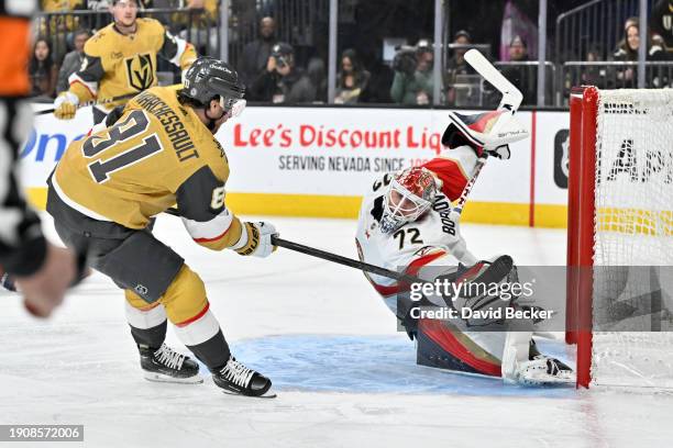 Sergei Bobrovsky of the Florida Panthers saves a shot by Jonathan Marchessault of the Vegas Golden Knights during the first period at T-Mobile Arena...