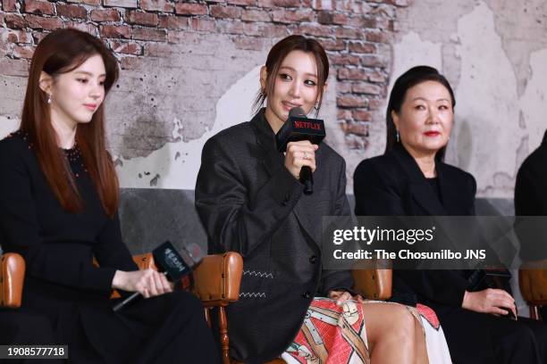 December 19: Actor Han So-hee, Kim Soo-hyun, Kim Hae-sook attend Netflix series 'Gyeongseong Creature' press conference at Layer Studio 20 in...