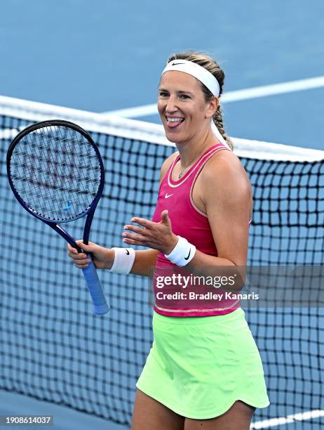 Victoria Azarenka of Belarus celebrates victory after her match against Jelena Ostapenko of Latvia during day six of the 2024 Brisbane International...