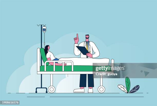 ilustraciones, imágenes clip art, dibujos animados e iconos de stock de el médico se comunica con la paciente enferma. - medical supplies stock illustrations