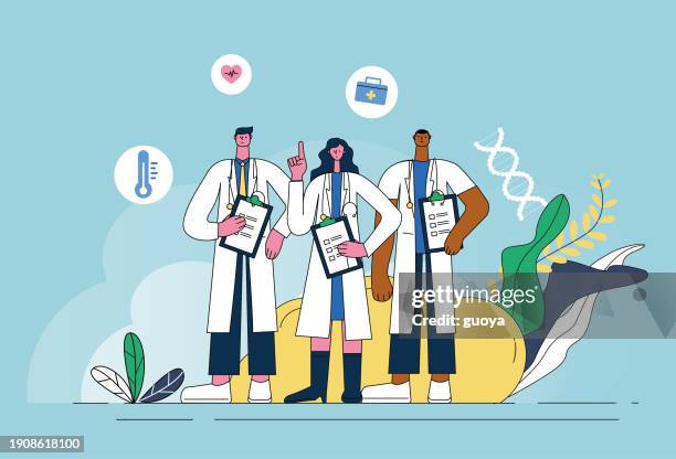 three doctors, medical services concept illustration. - heart attack stock illustrations