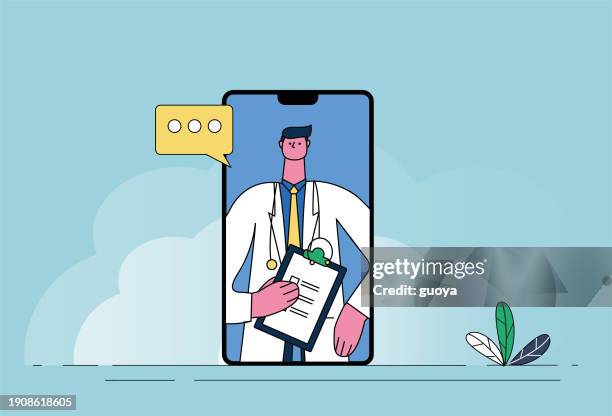 a male doctor sees a doctor through video on his mobile phone, providing remote video medical treatment. - electronic medical record stock illustrations