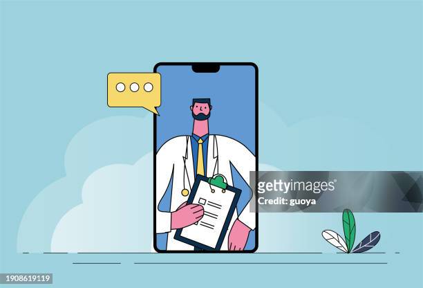 a bearded male doctor sees a doctor through video on his mobile phone, providing remote video medical treatment. - physical therapist stock illustrations