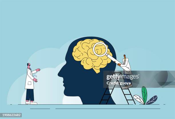 stockillustraties, clipart, cartoons en iconen met two doctors are examining the brain. - hoofdpijn