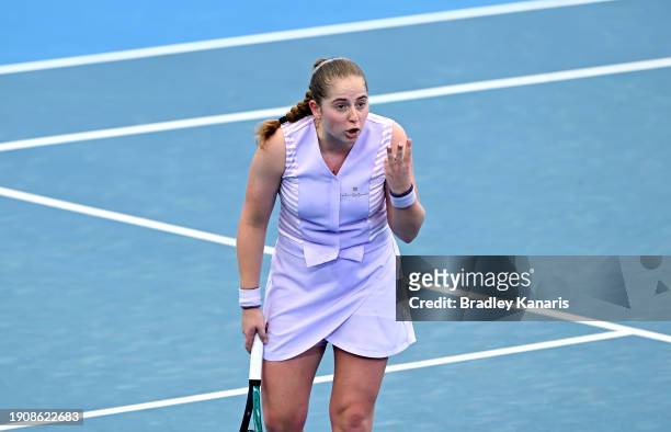 Jelena Ostapenko of Latvia shows her frustration as she argues with the umpire over a ball she alleges bounced twice in her match against Victoria...