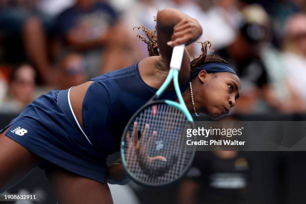 Coco Gauff of the USA serves in her match against Varvara Gracheva of France during the 2024 Women's ASB Classic at ASB Tennis Centre on January 05,...