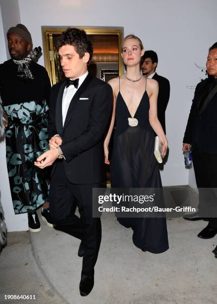 Gus Wenner and Elle Fanning are seen arriving to Vas Morgan And Michael Brown's 2024 Golden Globe Awards Party on January 07, 2024 in Los Angeles,...