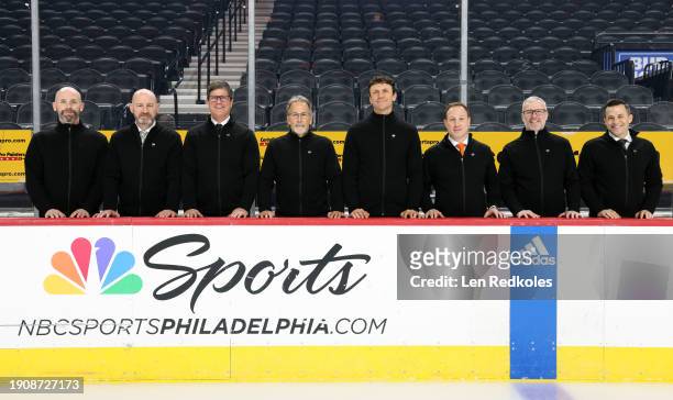 Head Coach John Tortorella of the Philadelphia Flyers poses with his coaching staff Adam Patterson, Darryl Williams, Brad Shaw, Rocky Thompson,...