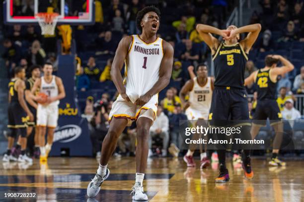 Joshua Ola-Joseph of the Minnesota Golden Gophers celebrates after the win against the Michigan Wolverines at Crisler Arena on January 04, 2024 in...