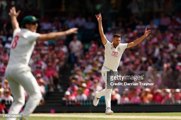 Josh Hazlewood of Australia celebrates the wicket of Shan Masood of Pakistan during day three of the Men's Third Test Match in the series between...