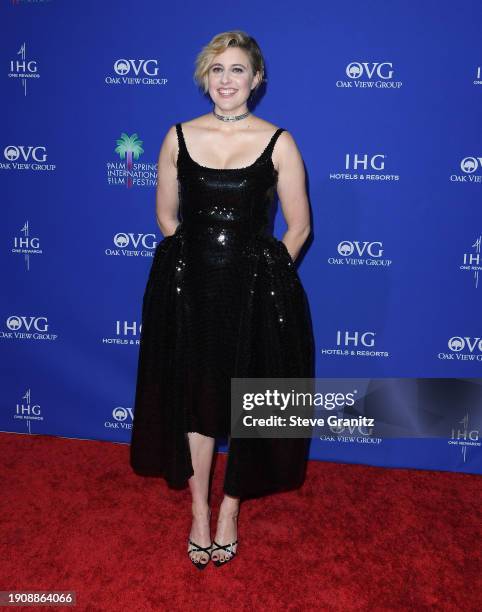 Greta Gerwig arrives at the 2024 Palm Springs International Film Festival Film Awards at Palm Springs Convention Center on January 04, 2024 in Palm...
