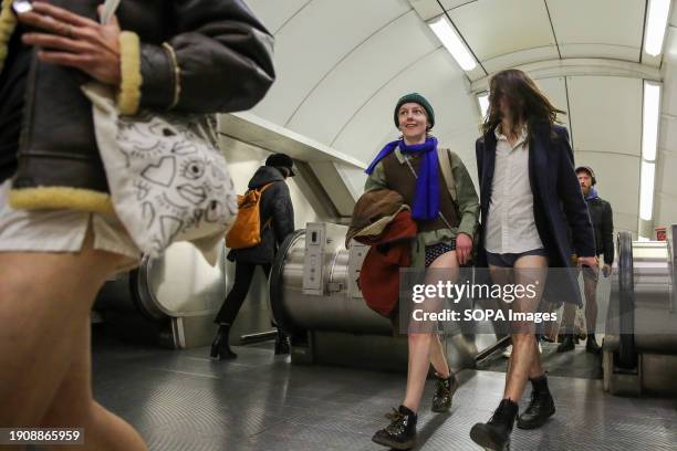 Participants take part in the annual "No Trousers Tube Ride" event on the London Underground. During the annual event, "No Trousers Tube Ride",...