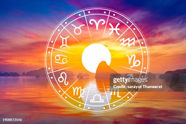 zodiac signs inside of horoscope circle. astrology in the sky with many stars and moons astrology and horoscopes concept - astrologie photos et images de collection
