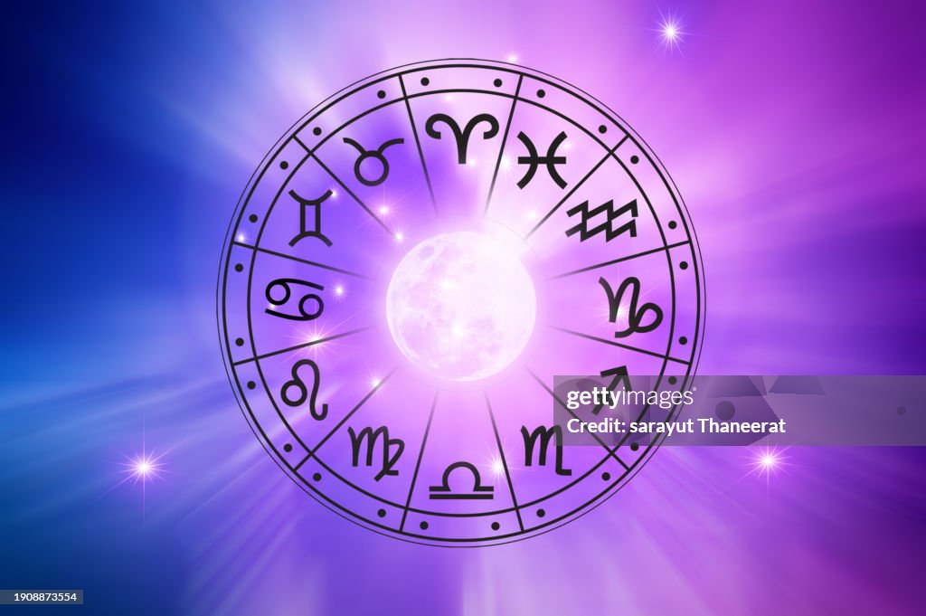 Zodiac signs inside of horoscope circle. Astrology in the sky with many stars and moons astrology and horoscopes concept