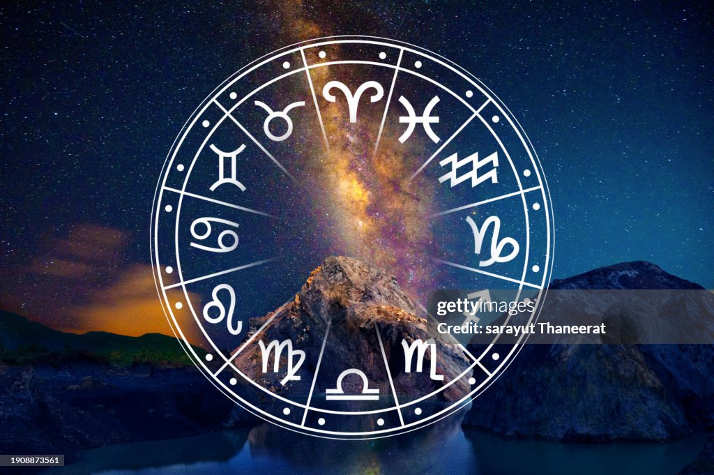 Zodiac signs inside of horoscope circle. Astrology in the sky with many stars and moons astrology and horoscopes concept