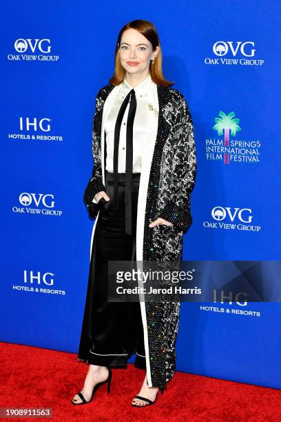 Emma Stone arrives at the 2024 Palm Springs International Film Festival Film Awards at the Palm Springs Convention Center on January 04, 2024 in Palm...