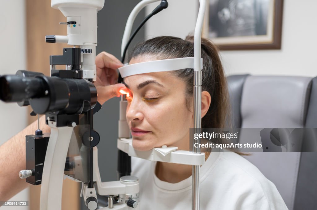 Ophthalmologist Examining Female Patient Eye With A Slit Lamp At Clinic