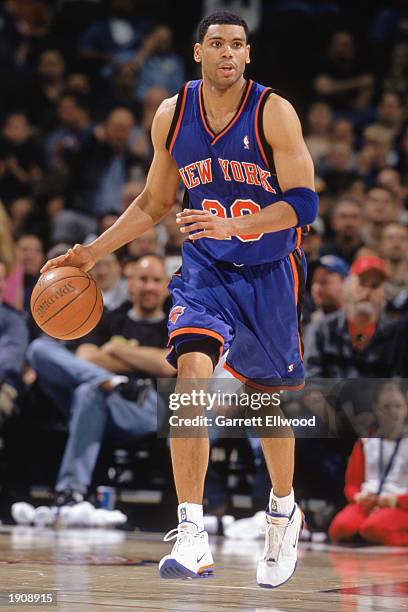 Allan Houston of the New York Knicks advances the ball during the NBA game against the Denver Nuggets at the Pepsi Center on April 2, 2003 in Denver,...