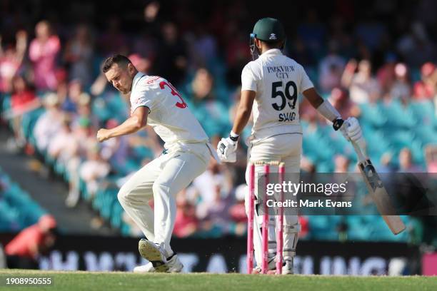 Josh Hazlewood of Australia celebrates the wicket of Saud Shakeel of Pakistan on Jane McGrath Day during day three of the Men's Third Test Match in...