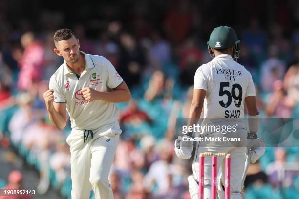 Josh Hazlewood of Australia celebrates the wicket of Saud Shakeel of Pakistan on Jane McGrath Day during day three of the Men's Third Test Match in...