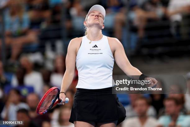 Angelique Kerber of Germany reacts in their quarter-final match against Maria Sakkari of Greece during the 2024 United Cup at Ken Rosewall Arena on...