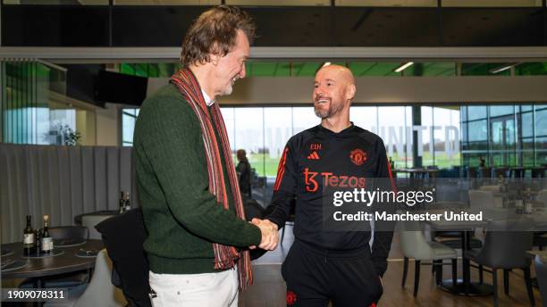 Sir Jim Ratcliffe of INEOS meets Manager Erik Ten Hag of Manchester United in the staff restaurant at Carrington Training Complex on January 03, 2024...